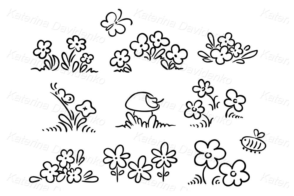 Cute flower and insect doodle clipart for crafts and printables