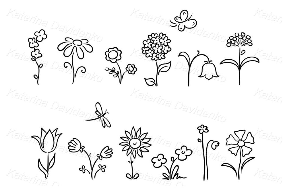 Hand-drawn spring flowers clipart – cute floral elements for kids crafts & paper designs