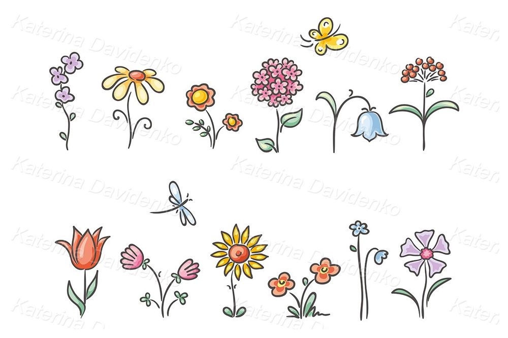 cartoon flower design elements, vector clipart set