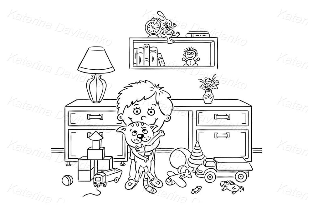 Boy with cat in kids room cartoon clipart for blogs & books