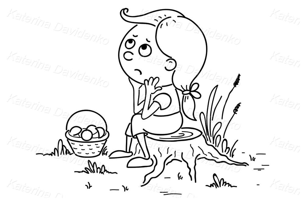 Sad girl lost in the woods cartoon clipart with basket for storybooks & blogs