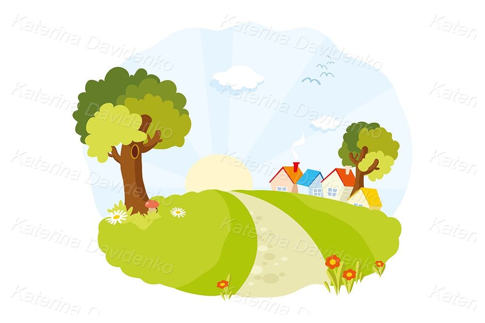 Cartoon village landscape clipart for books & educational use