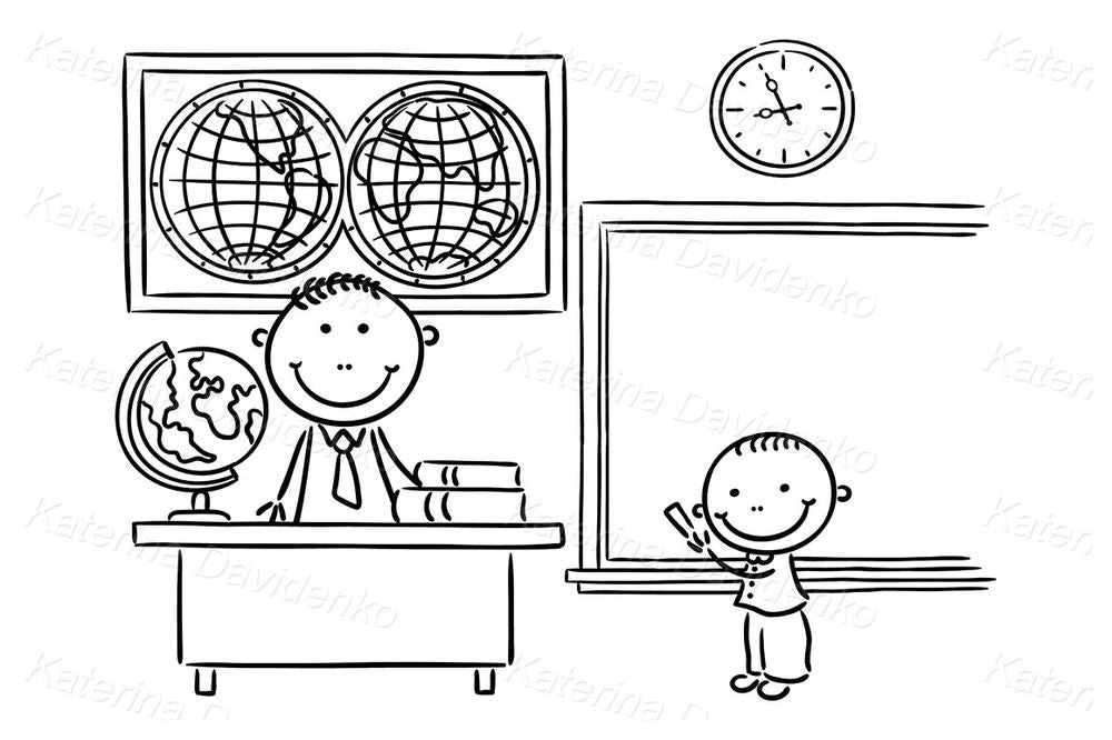 School clipart. Cartoon Teacher and Student in the Classroom
