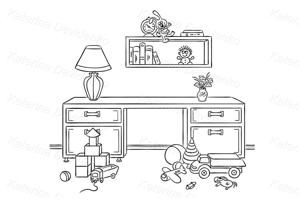 Kids room desk and toys cartoon clipart for books & blogs