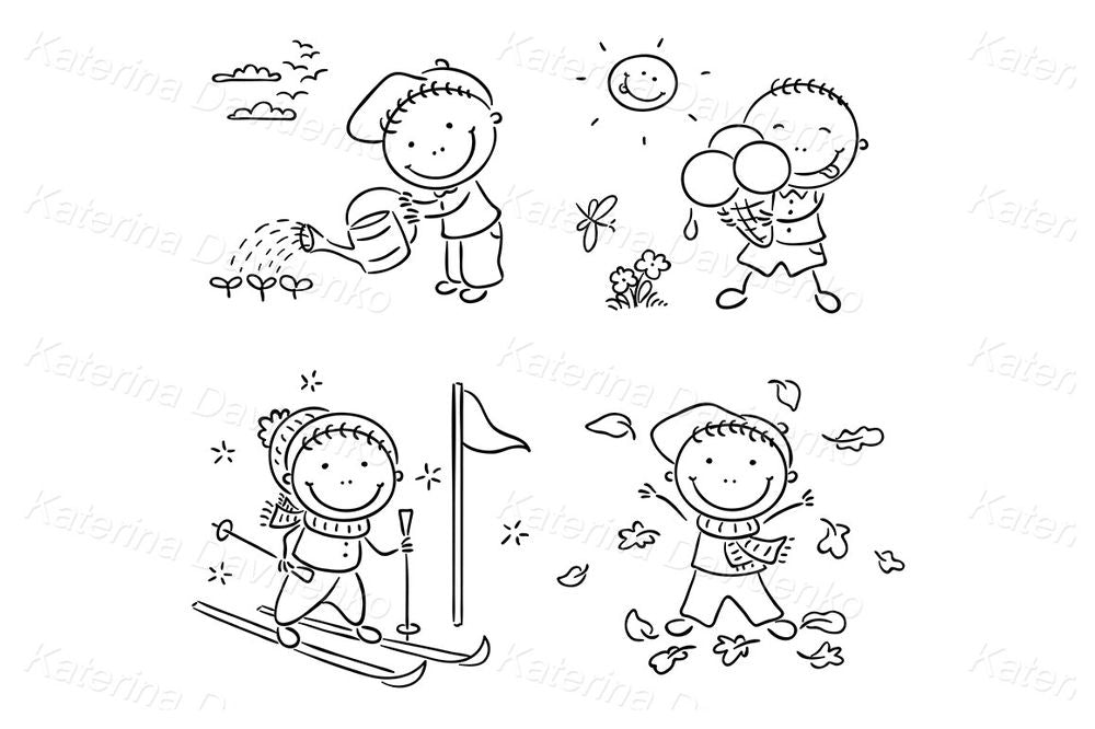 Cute cartoon boy seasons activities clipart set for teaching & crafts