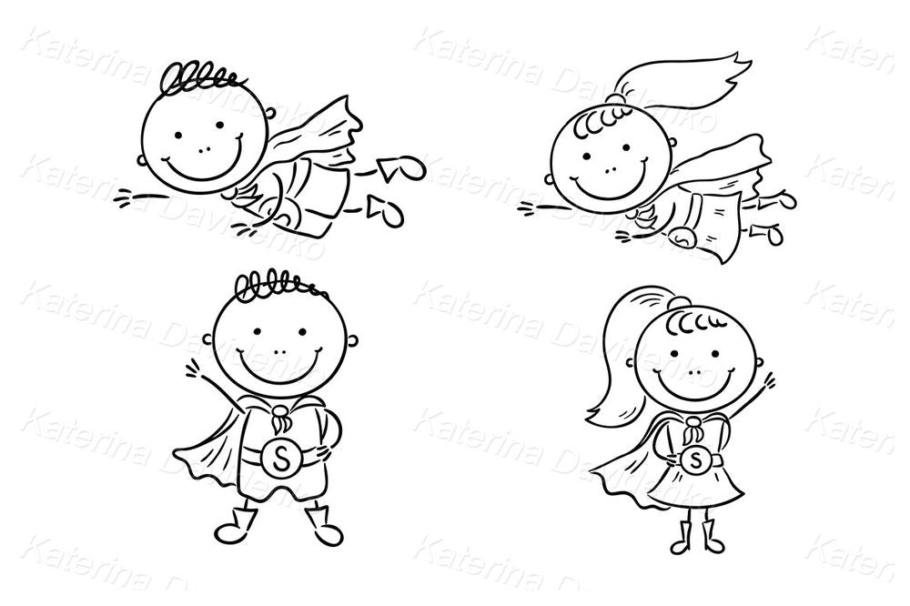 Superhero kids cartoon clipart for teaching & t-shirts