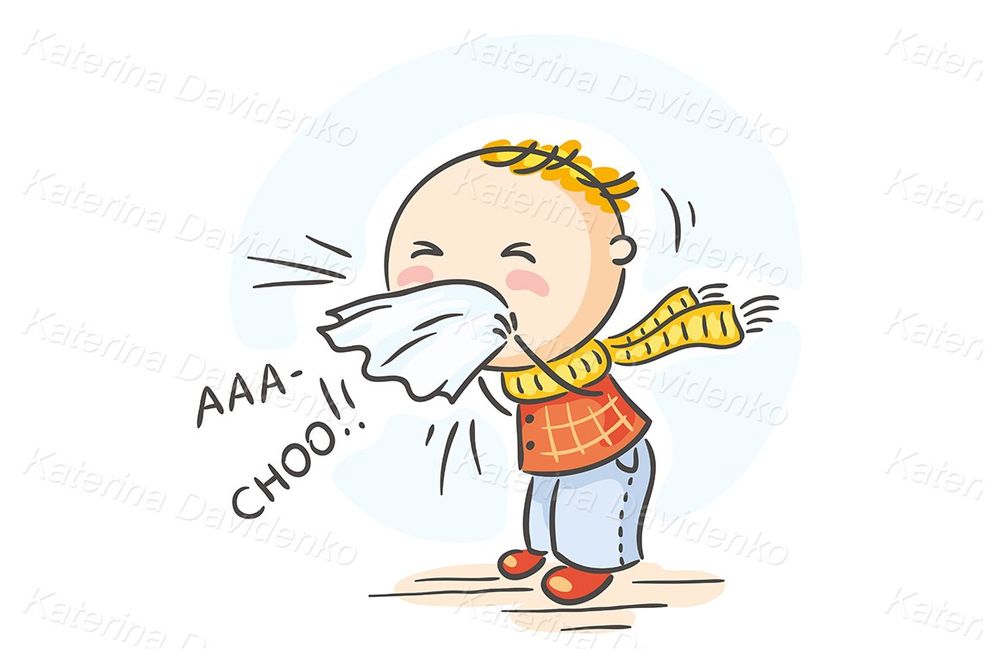 Cartoon kid having flu, sneezing illustration clipart