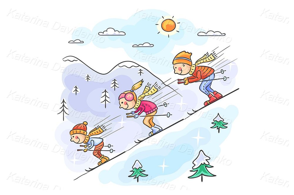 Cartoon family skiing in the mountains Vector illustration family clipart