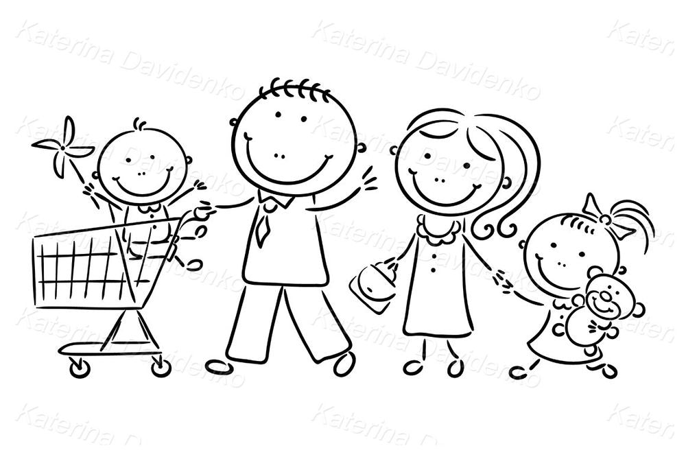 Happy Family Shopping – Cartoon Parents and Kids Clipart