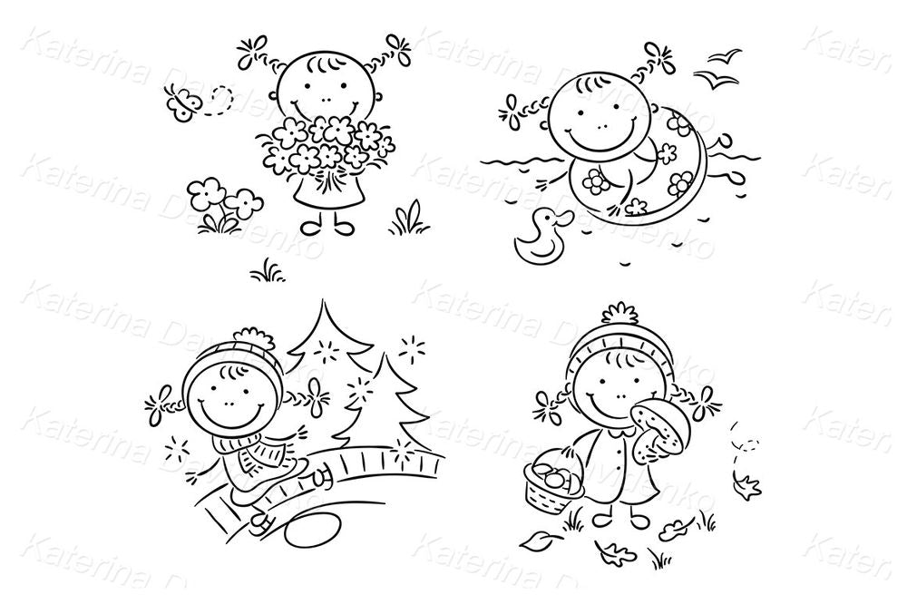 Girl Through the Four Seasons – Cute Seasonal Kids Clipart Set