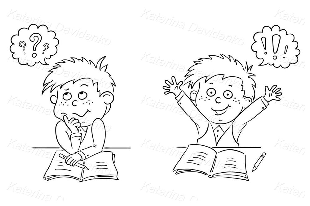 Thinking and Solving Student Clipart – Boy with Book Questioning and Celebrating