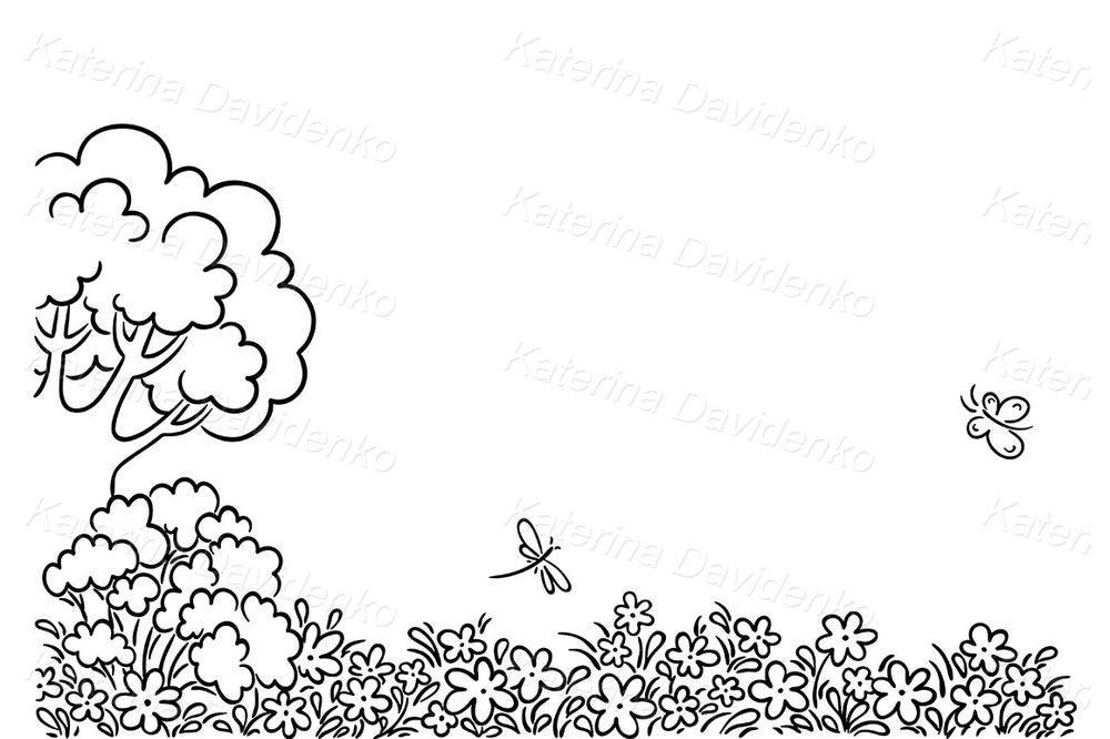 Sunny Meadow with Flowers and Butterflies – Cartoon Landscape Scene for Kids Crafts and Posters