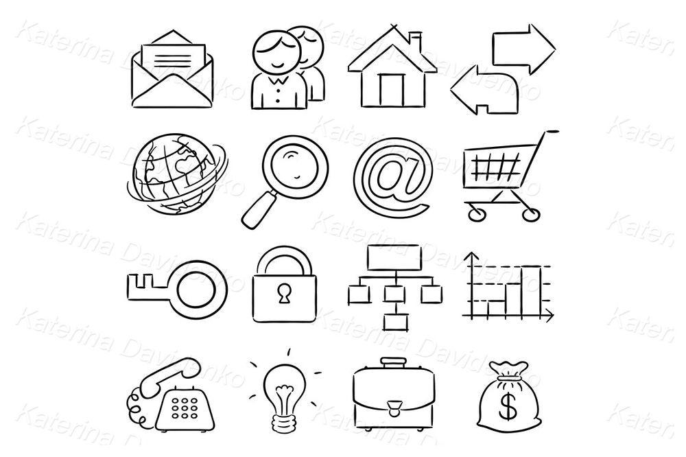 Hand-Drawn Business and Web Icons Set – Email, Shopping Cart, Globe, and Finance Symbols