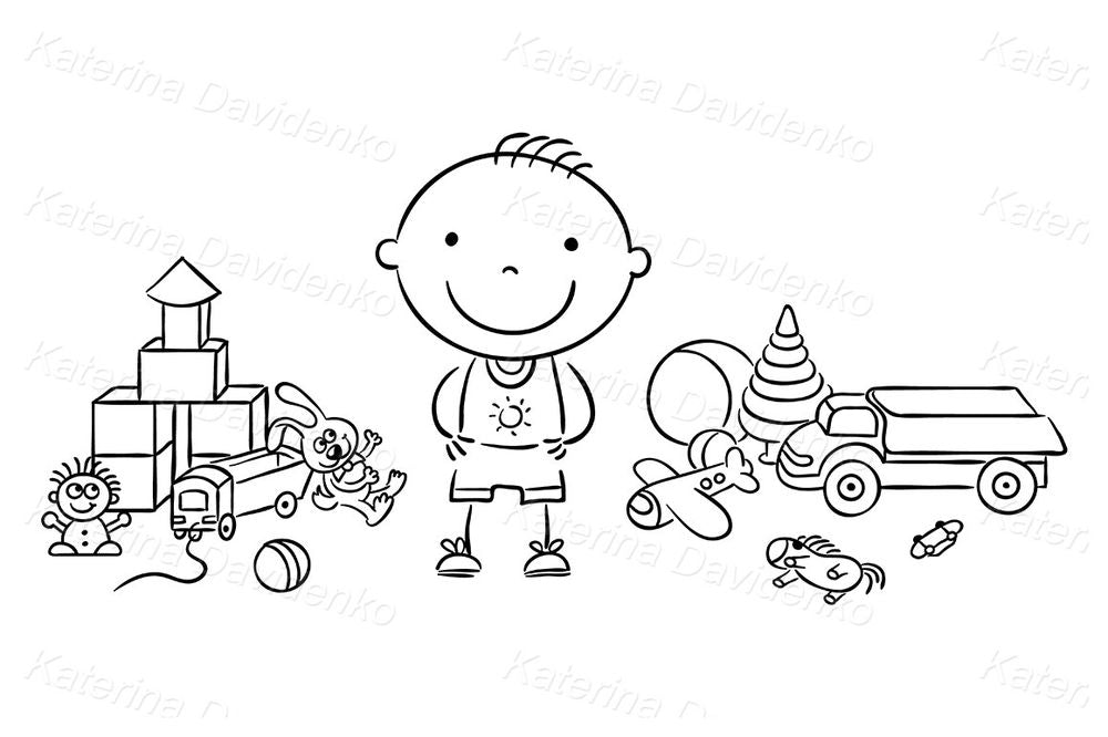 Toddler with toys – colorful boy illustration with cars, blocks, and plush for baby designs, printables or websites