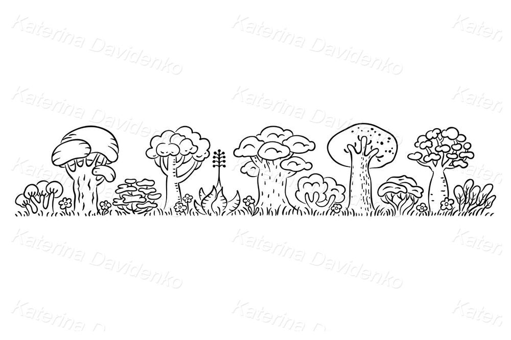Whimsical Forest Border Illustration – Cartoon Trees Landscape Clipart