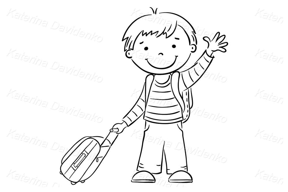 Happy Boy with Backpack and Suitcase – Travel Kids Clipart Illustration