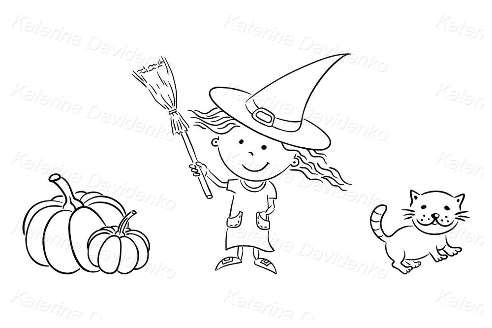 Cute Halloween Witch with Broom, Cat and Pumpkins under Full Moon illustration for kids