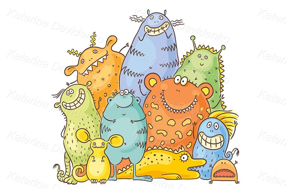 Group of happy cartoon monsters, clipart