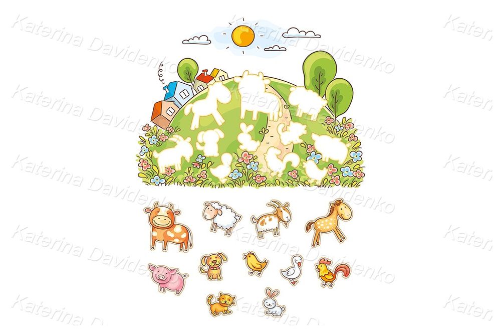 Farm animals matching game. Teaching aid for kids clipart