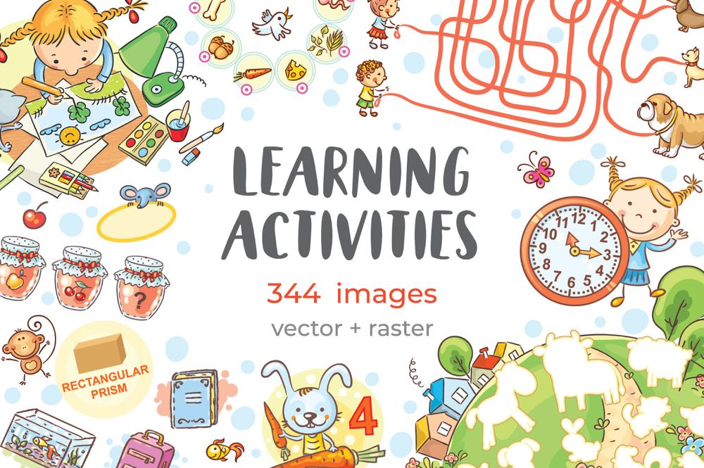 cartoon cliparts set with different logic games and tasks for preschool
