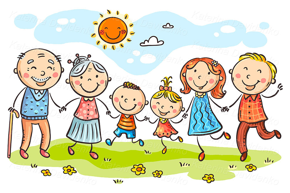 Cute cartoon family jumping on grass under the sun