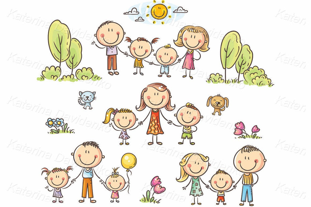 Happy doodle families clipart set