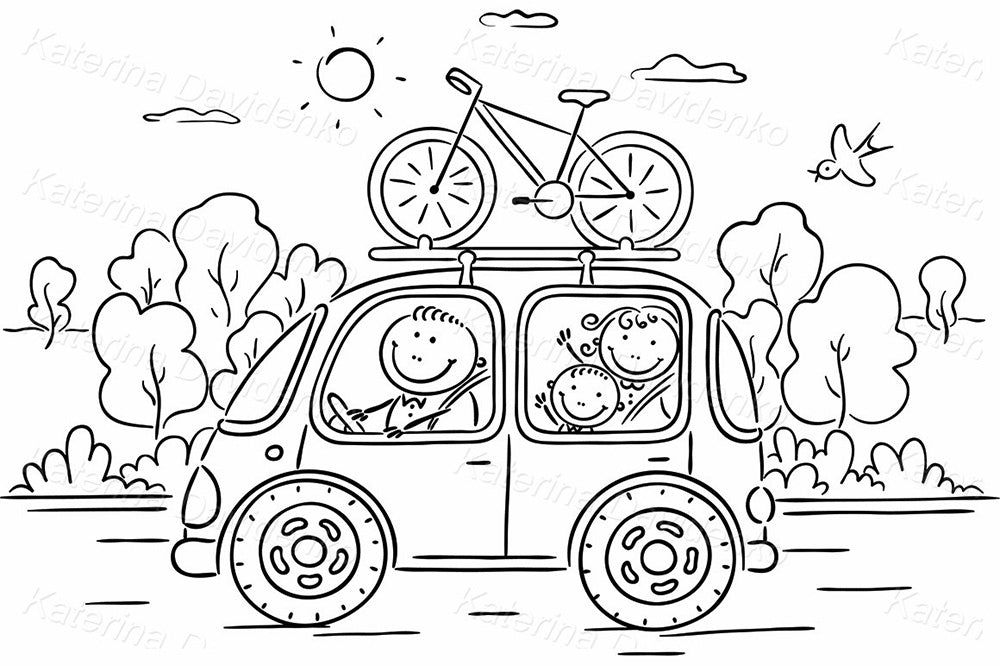 Black and white cartoon of family in car