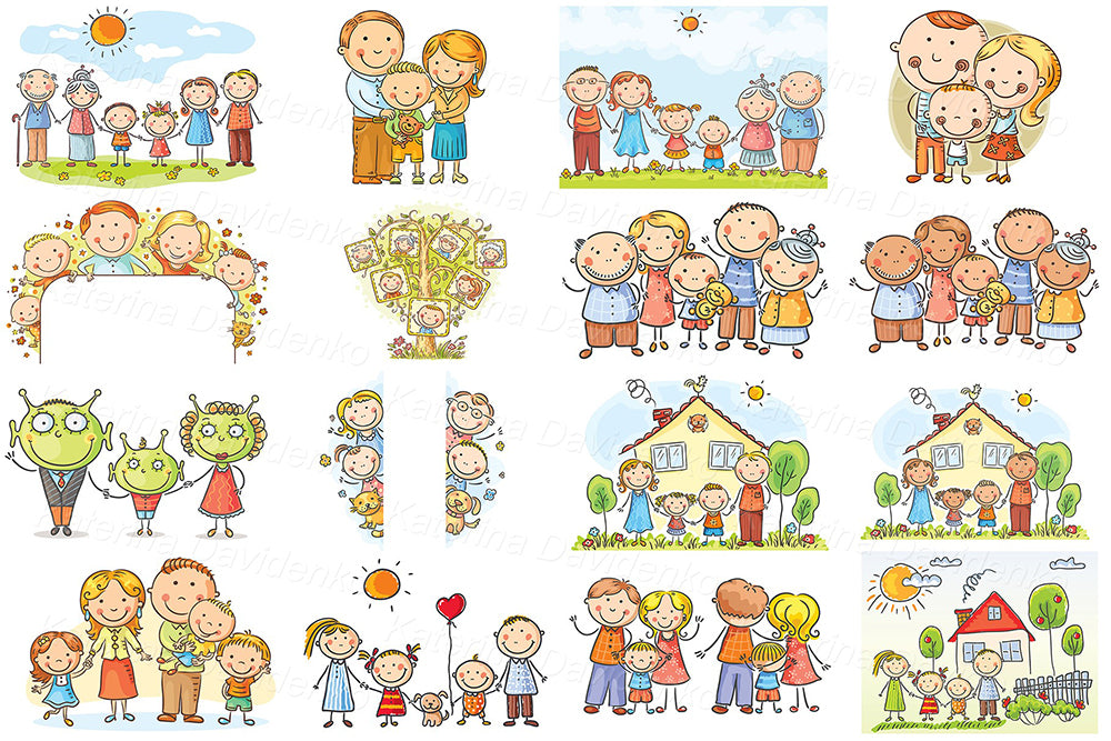 Happy Family Vector Illustration Set, Clipart Bundle