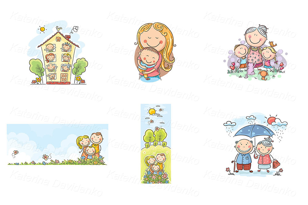 Happy Family Vector Illustration Set, Clipart Bundle
