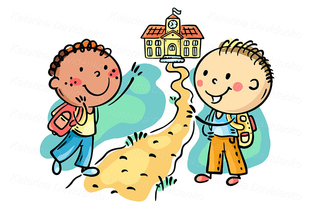 Cartoon schoolboys going to school. Kids clipart