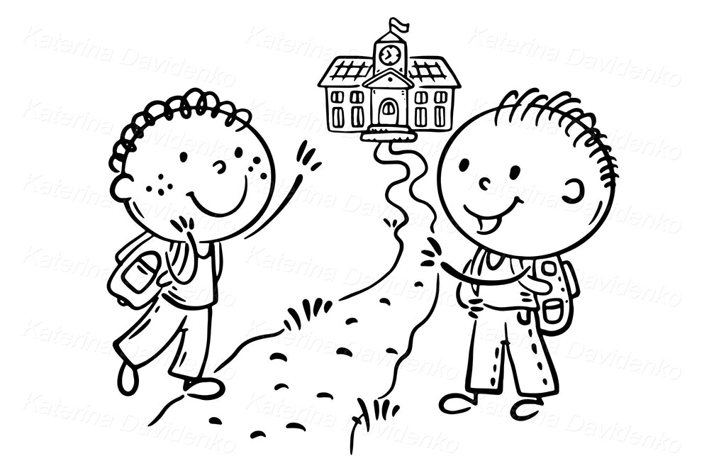 Two Kids Going to School Clipart – Cute Cartoon Illustration