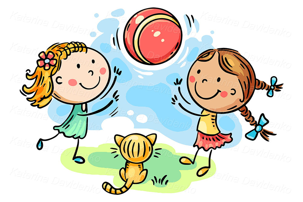 Happy cartoon girls playing ball, kids clipart