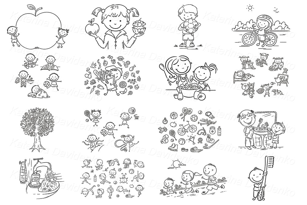 Healthy lifestyle kids clipart bundle – 308 vector images for lesson plans, sport, PE and food education