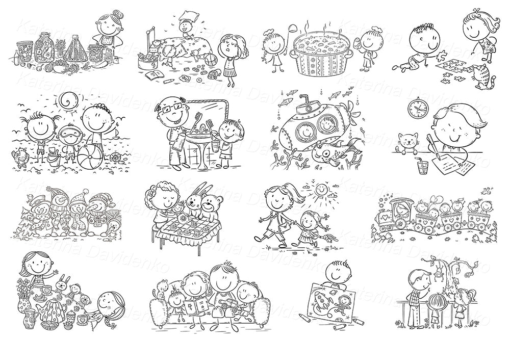 Black and white bundle of kids and family sketches – outline clipart set for learning and crafts