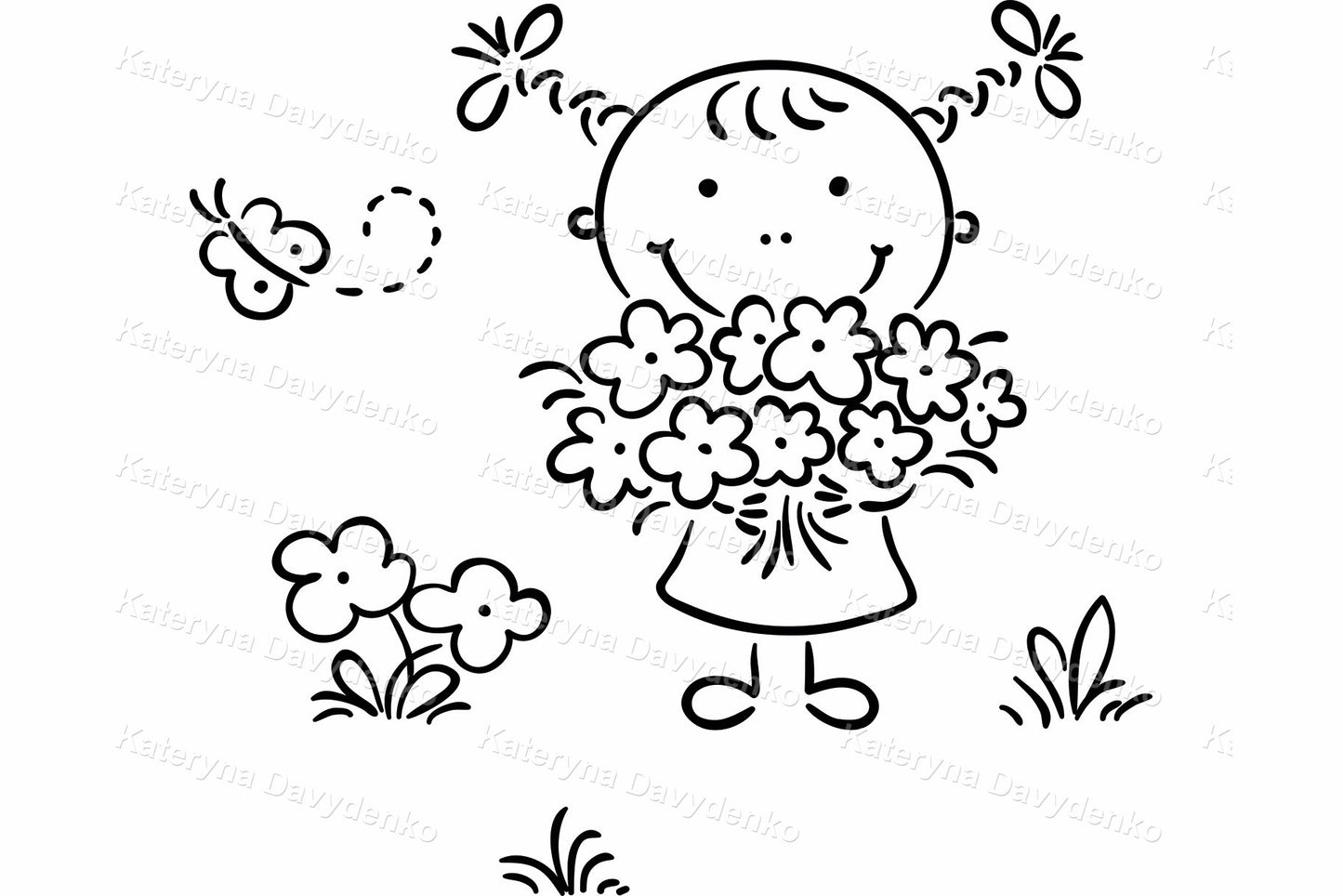 4 Seasons girl clipart. Line art seasonal kids activities set