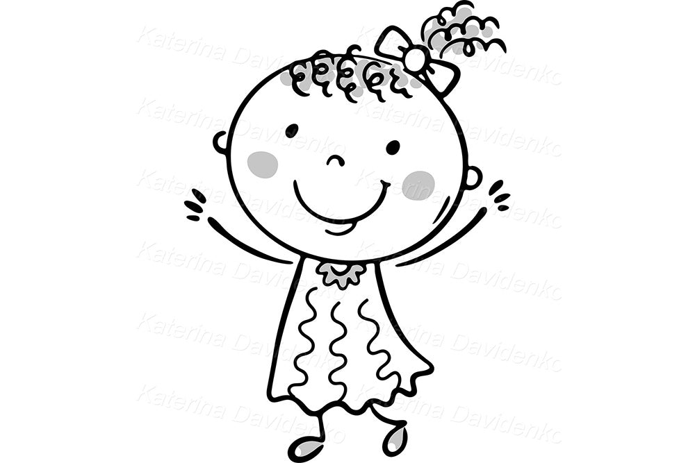 Cute Black and White Kids Clipart – Doodle Character Set