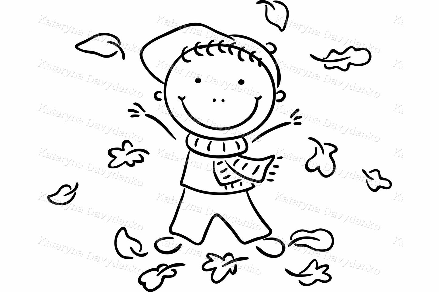 Line art seasonal kids activities set. 4 Seasons boy clipart