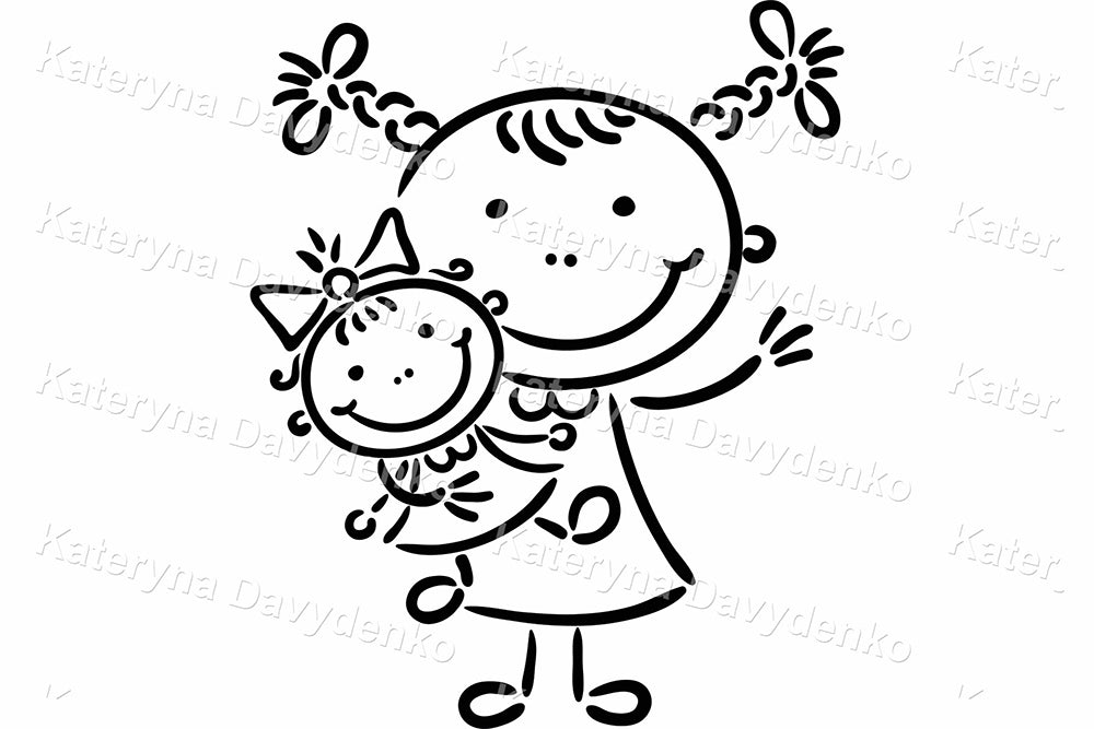 Line Art Set Kids Clipart – Children with Toys Illustration