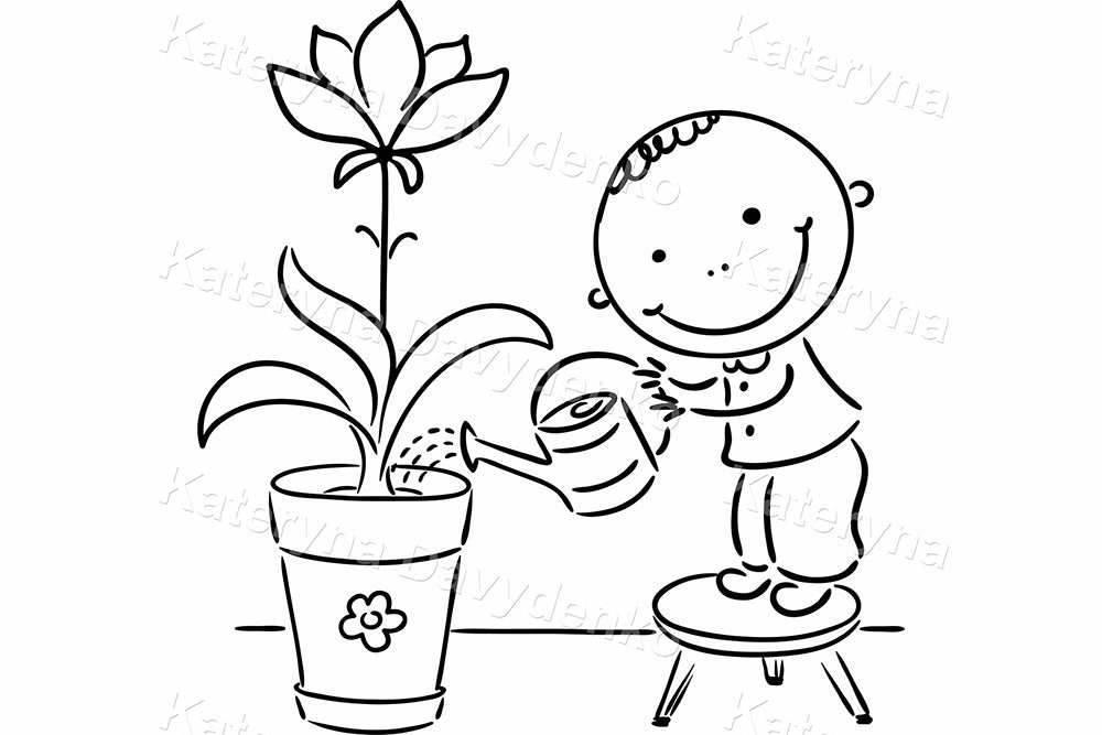 Chores and Helping Kids – Black and White Line Art Clipart