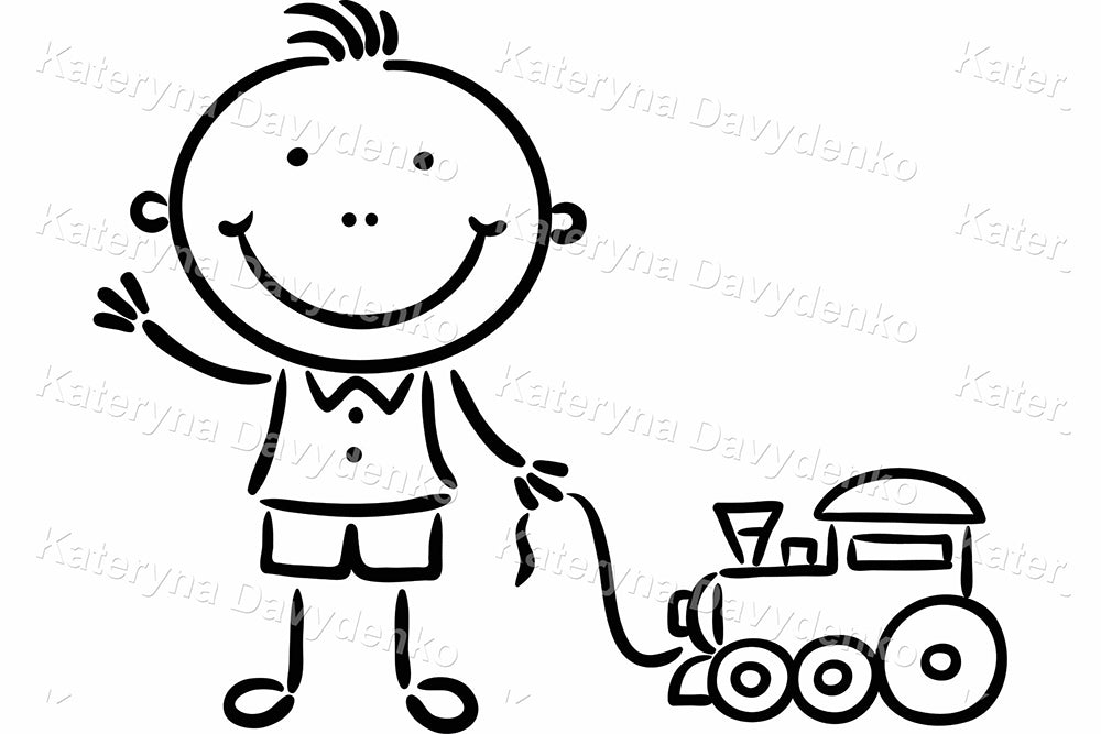 Line Art Set Kids Clipart – Children with Toys Illustration