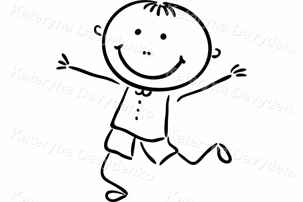 Happy Kids and Rainbow – Black and White Cartoon Clipart