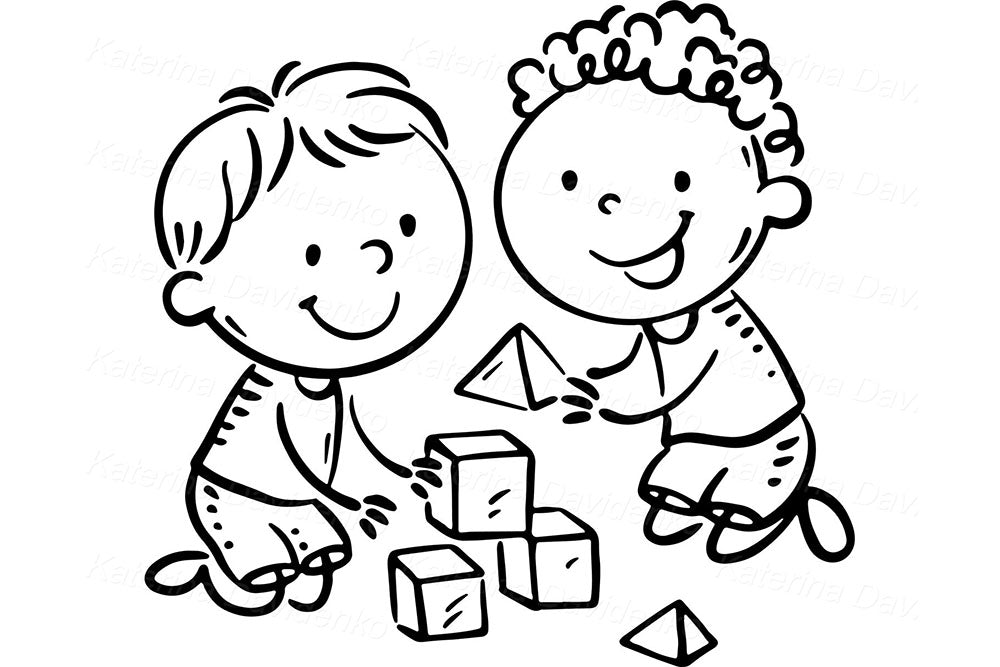 Kids Daily Activities – Black and White Vector Clipart Set