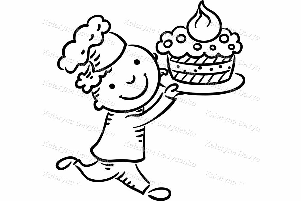 Doodle Kids Chefs with Food. Black and White Cooking Clipart Set