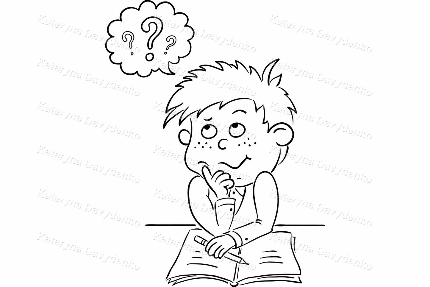 Thinking and Idea Clipart. Black & White School Boy Illustration