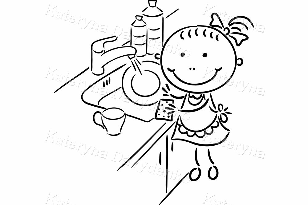 Chores and Helping Kids – Black and White Line Art Clipart