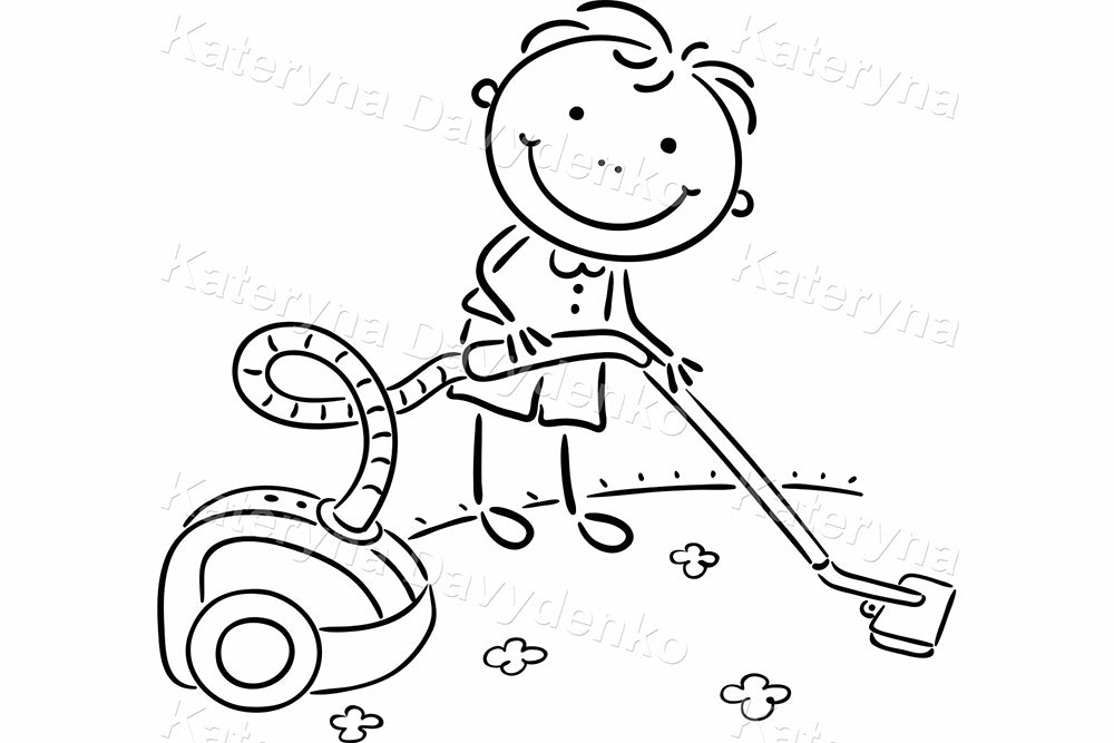 Chores and Helping Kids – Black and White Line Art Clipart