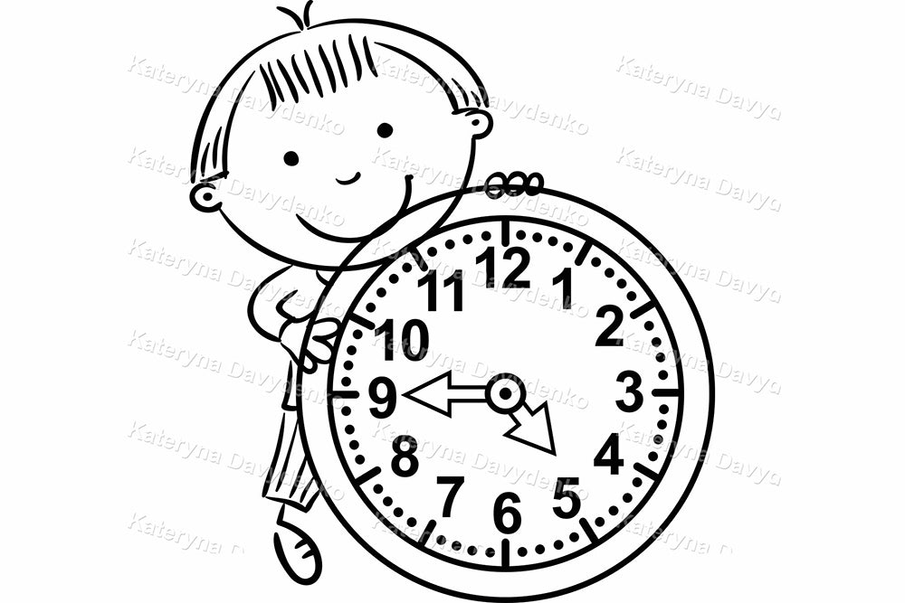 Kids with Clocks Clipart. Outline Time Learning Illustrations