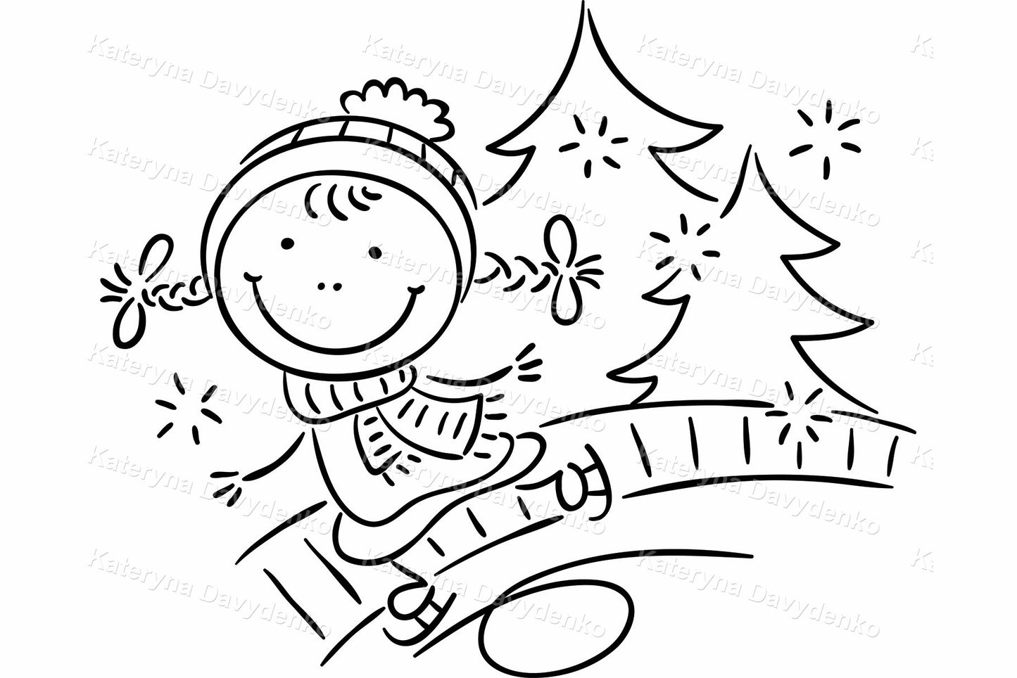 4 Seasons girl clipart. Line art seasonal kids activities set