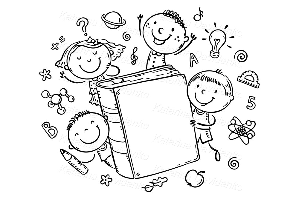 Schoolkids with a big book. PNG, SVG clipart for teachers, commercial use