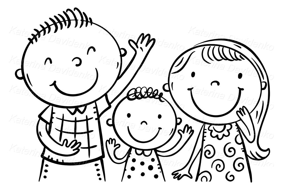 Black and white happy cartoon family portrait